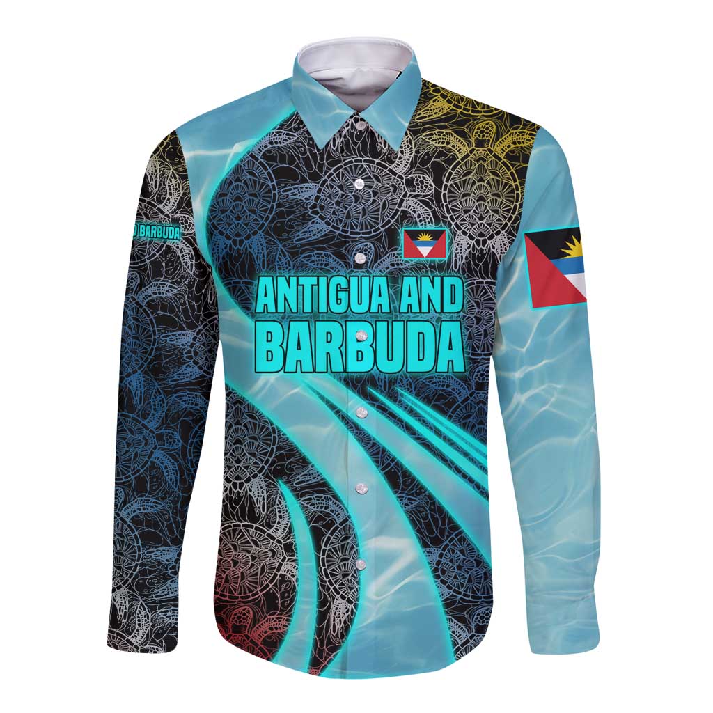 Antigua and Barbuda Sea Turtle Long Sleeve Button Shirt with Tribal Mandala Design with Ocean Waves and National Flag - Wonder Print Shop