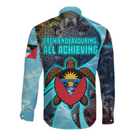 Antigua and Barbuda Sea Turtle Long Sleeve Button Shirt with Tribal Mandala Design with Ocean Waves and National Flag - Wonder Print Shop