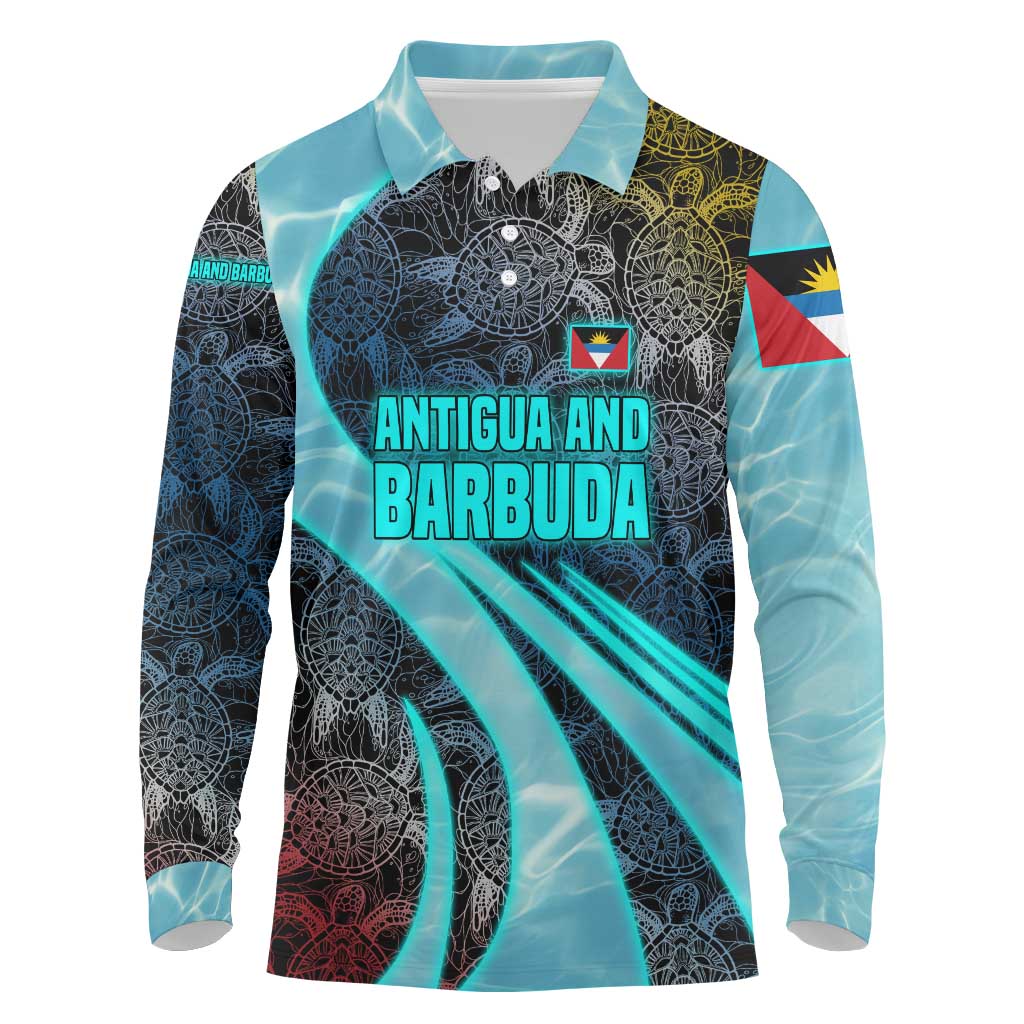 Antigua and Barbuda Sea Turtle Long Sleeve Polo Shirt with Tribal Mandala Design with Ocean Waves and National Flag - Wonder Print Shop