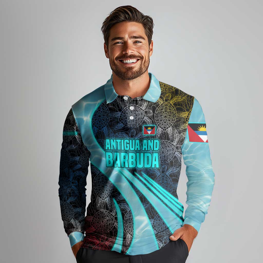 Antigua and Barbuda Sea Turtle Long Sleeve Polo Shirt with Tribal Mandala Design with Ocean Waves and National Flag - Wonder Print Shop