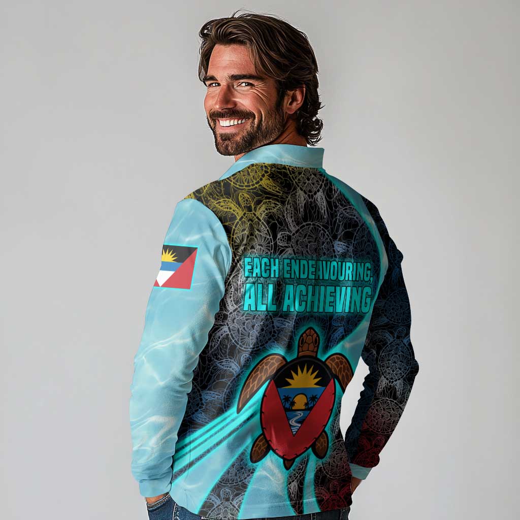 Antigua and Barbuda Sea Turtle Long Sleeve Polo Shirt with Tribal Mandala Design with Ocean Waves and National Flag - Wonder Print Shop