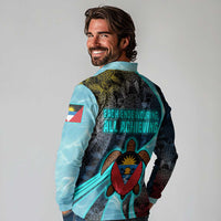 Antigua and Barbuda Sea Turtle Long Sleeve Polo Shirt with Tribal Mandala Design with Ocean Waves and National Flag - Wonder Print Shop