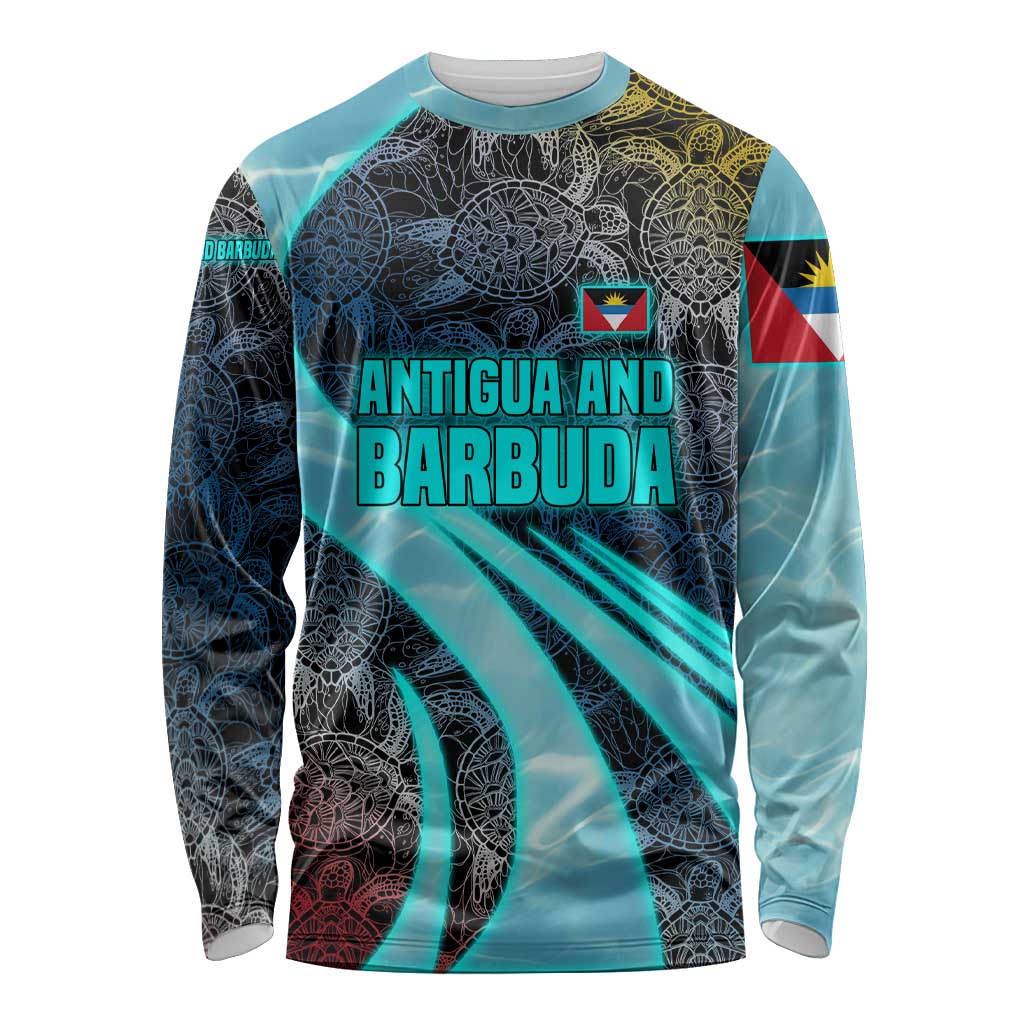 Antigua and Barbuda Sea Turtle Long Sleeve Shirt with Tribal Mandala Design with Ocean Waves and National Flag - Wonder Print Shop
