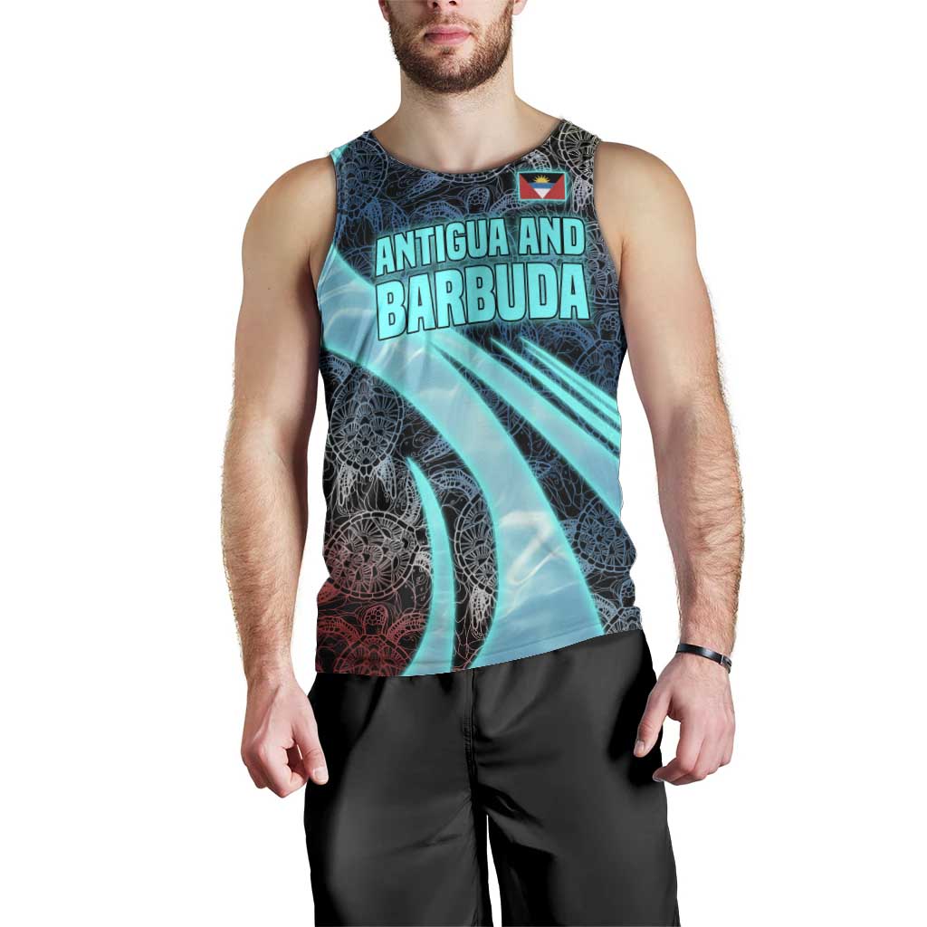 Antigua and Barbuda Sea Turtle Men Tank Top with Tribal Mandala Design with Ocean Waves and National Flag - Wonder Print Shop