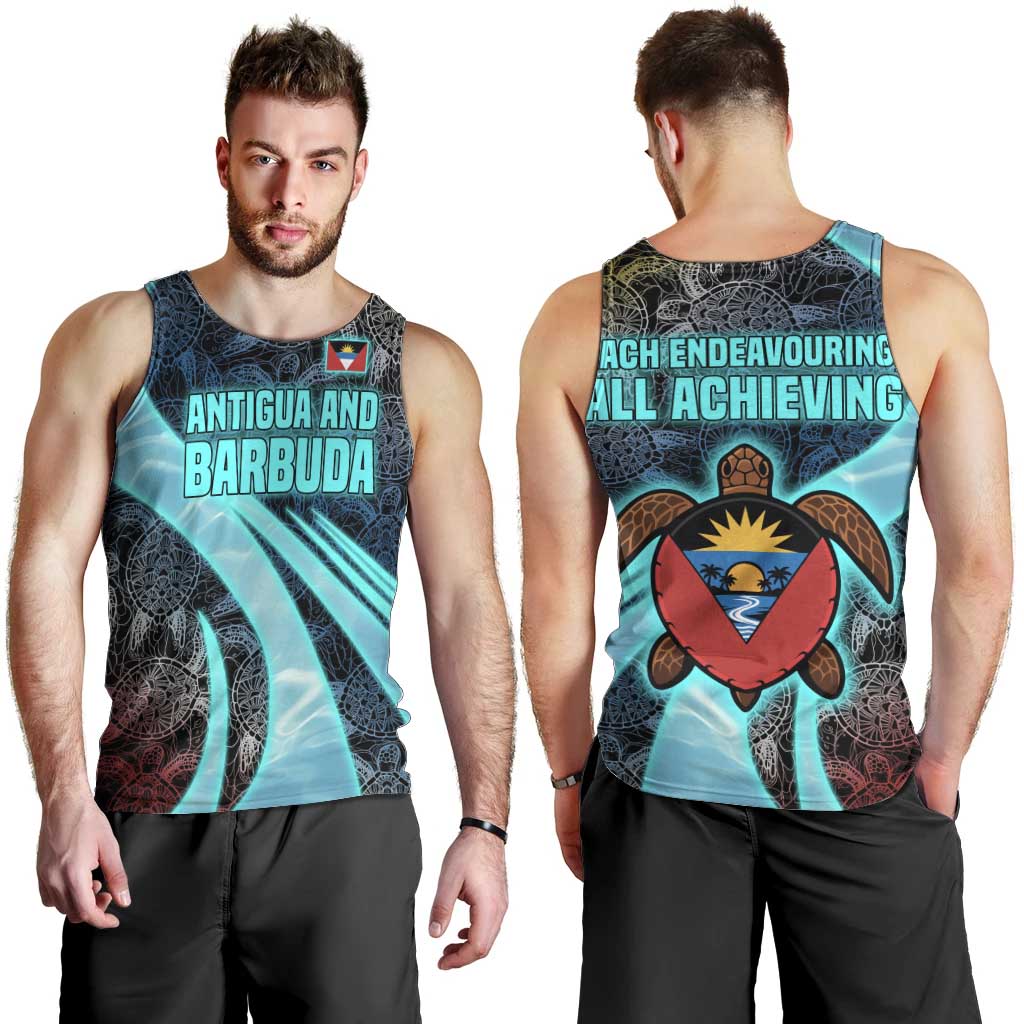 Antigua and Barbuda Sea Turtle Men Tank Top with Tribal Mandala Design with Ocean Waves and National Flag - Wonder Print Shop