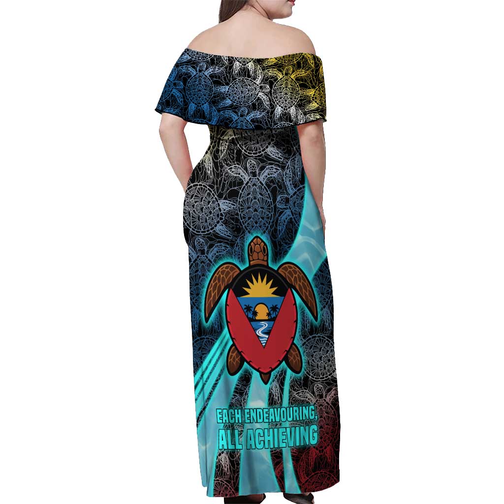 Antigua and Barbuda Sea Turtle Off Shoulder Maxi Dress with Tribal Mandala Design with Ocean Waves and National Flag - Wonder Print Shop
