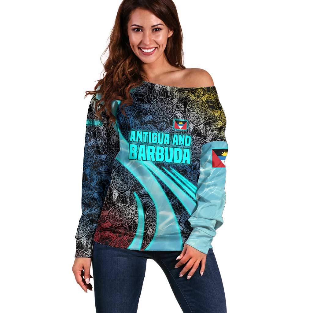 Antigua and Barbuda Sea Turtle Off Shoulder Sweater with Tribal Mandala Design with Ocean Waves and National Flag - Wonder Print Shop