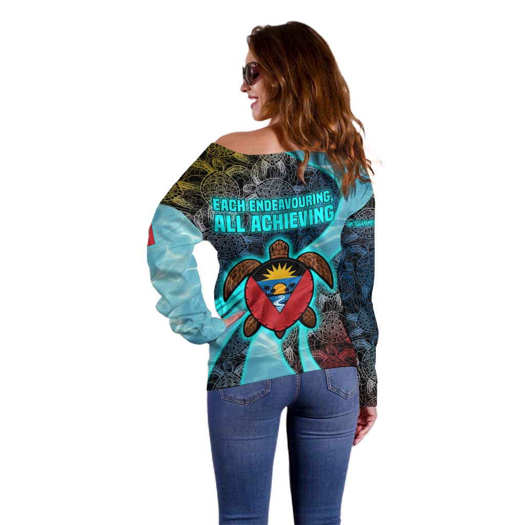 Antigua and Barbuda Sea Turtle Off Shoulder Sweater with Tribal Mandala Design with Ocean Waves and National Flag - Wonder Print Shop