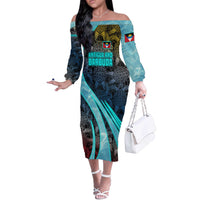Antigua and Barbuda Sea Turtle Off The Shoulder Long Sleeve Dress with Tribal Mandala Design with Ocean Waves and National Flag - Wonder Print Shop