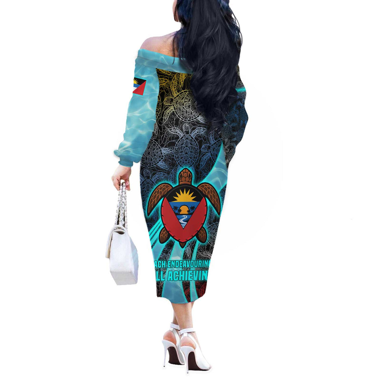 Antigua and Barbuda Sea Turtle Off The Shoulder Long Sleeve Dress with Tribal Mandala Design with Ocean Waves and National Flag - Wonder Print Shop