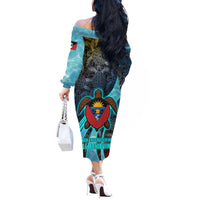 Antigua and Barbuda Sea Turtle Off The Shoulder Long Sleeve Dress with Tribal Mandala Design with Ocean Waves and National Flag - Wonder Print Shop