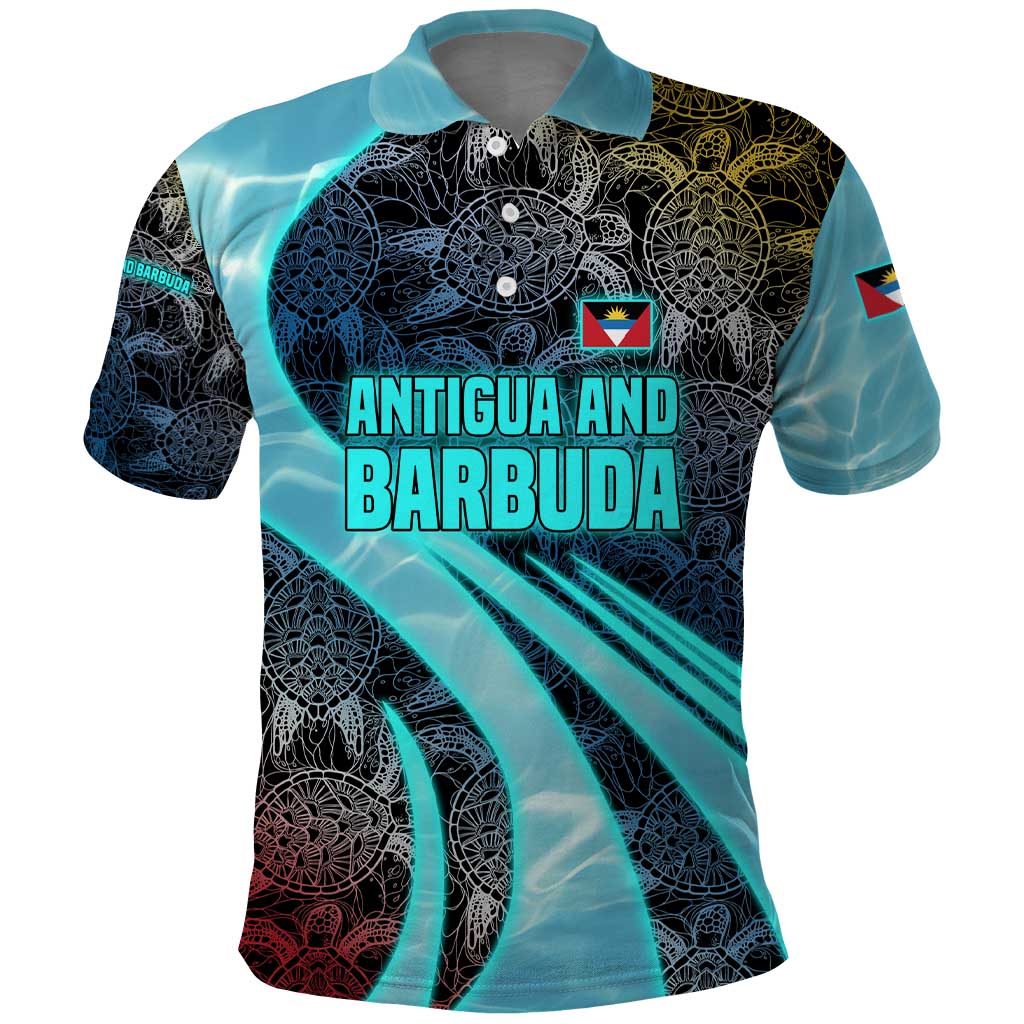 Antigua and Barbuda Sea Turtle Polo Shirt with Tribal Mandala Design with Ocean Waves and National Flag - Wonder Print Shop