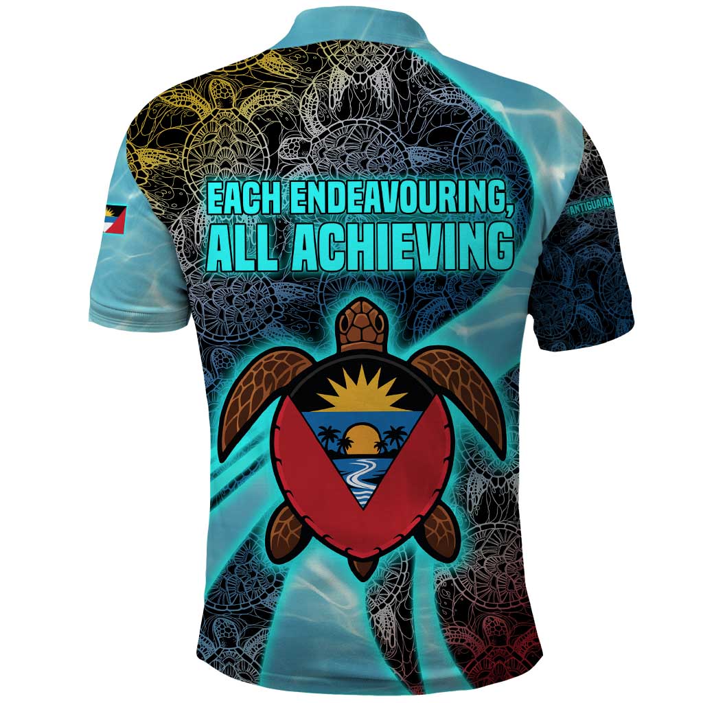 Antigua and Barbuda Sea Turtle Polo Shirt with Tribal Mandala Design with Ocean Waves and National Flag - Wonder Print Shop
