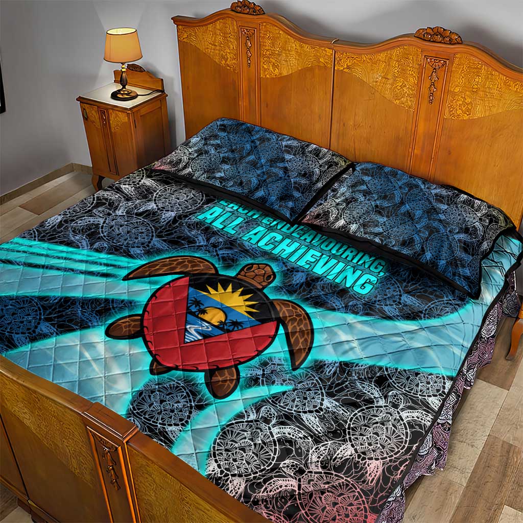 Antigua and Barbuda Sea Turtle Quilt Bed Set with Tribal Mandala Design with Ocean Waves and National Flag - Wonder Print Shop