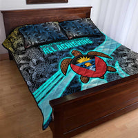 Antigua and Barbuda Sea Turtle Quilt Bed Set with Tribal Mandala Design with Ocean Waves and National Flag - Wonder Print Shop