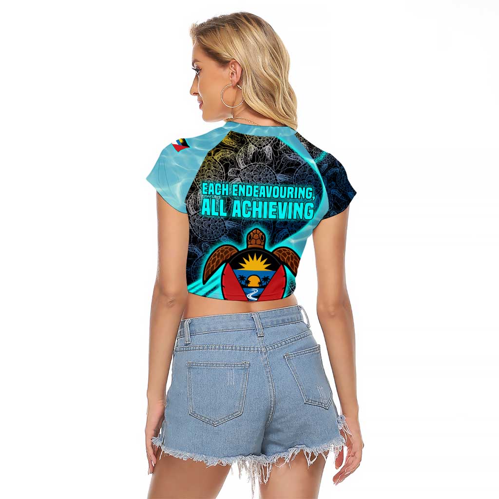 Antigua and Barbuda Sea Turtle Raglan Cropped T Shirt with Tribal Mandala Design with Ocean Waves and National Flag - Wonder Print Shop