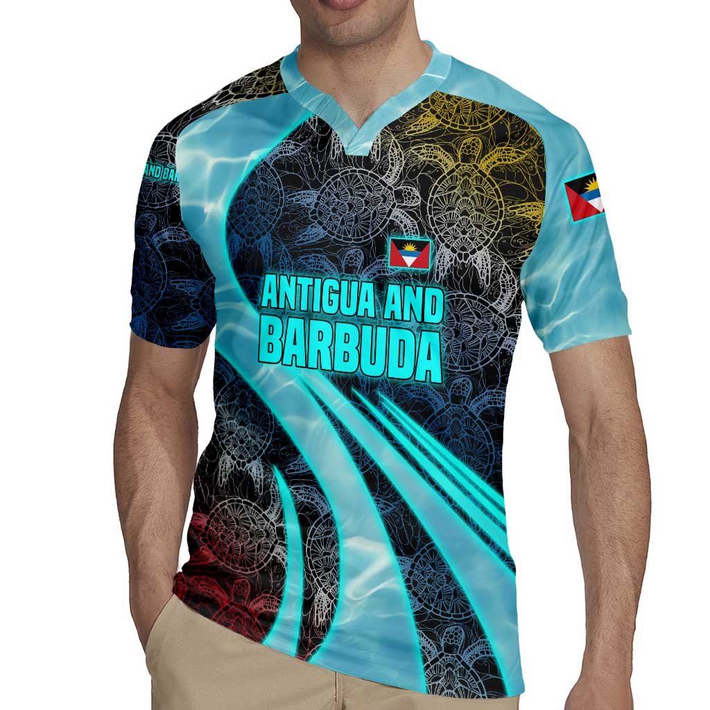 Antigua and Barbuda Sea Turtle Rugby Jersey with Tribal Mandala Design with Ocean Waves and National Flag - Wonder Print Shop