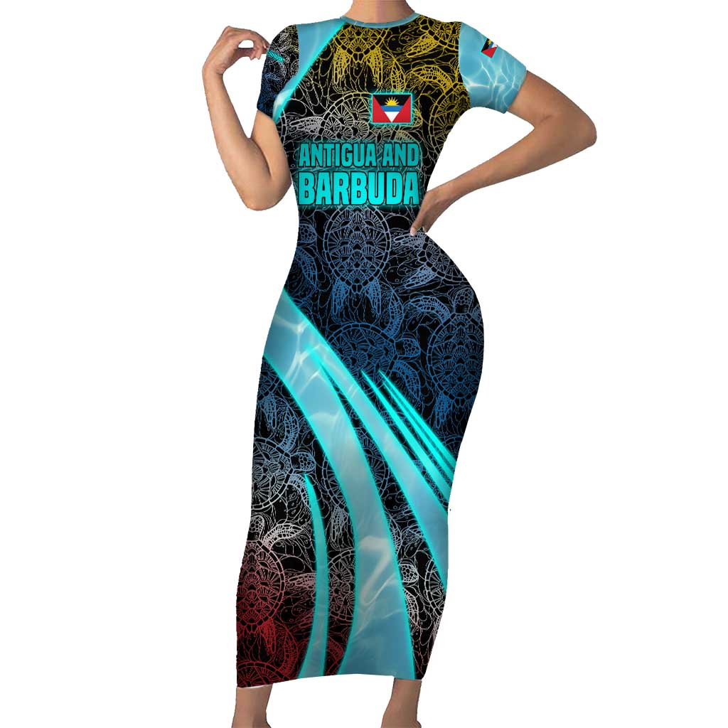 Antigua and Barbuda Sea Turtle Short Sleeve Bodycon Dress with Tribal Mandala Design with Ocean Waves and National Flag - Wonder Print Shop