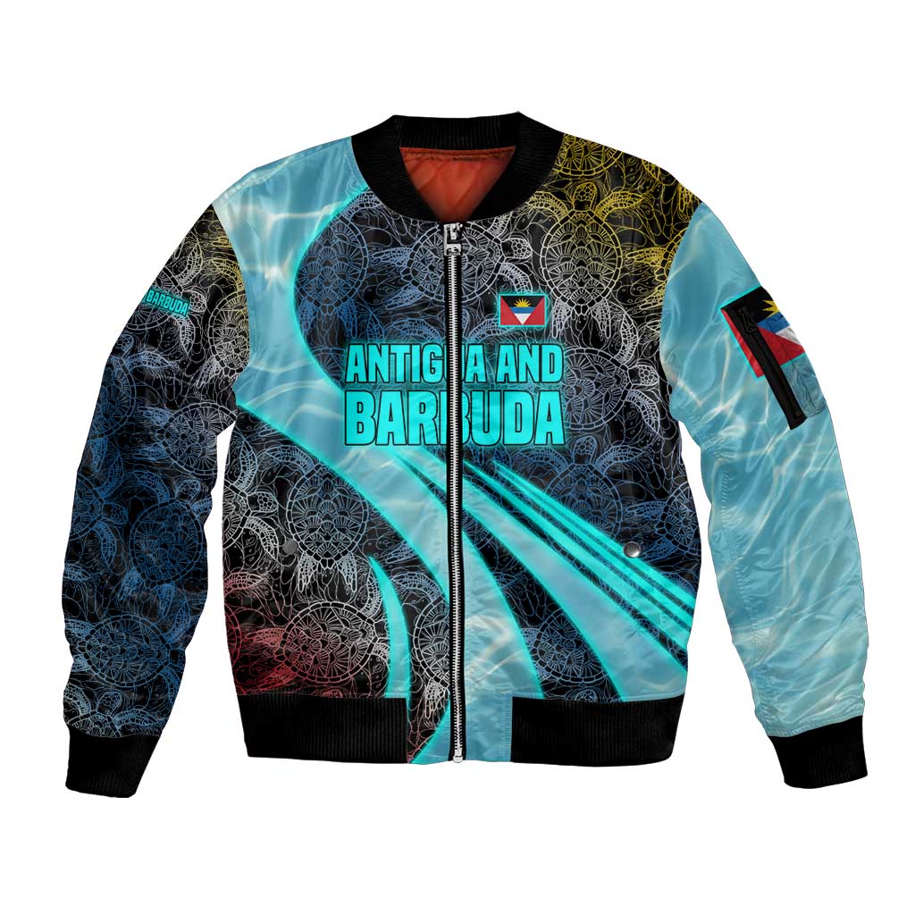 Antigua and Barbuda Sea Turtle Sleeve Zip Bomber Jacket with Tribal Mandala Design with Ocean Waves and National Flag - Wonder Print Shop
