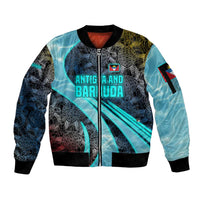 Antigua and Barbuda Sea Turtle Sleeve Zip Bomber Jacket with Tribal Mandala Design with Ocean Waves and National Flag - Wonder Print Shop