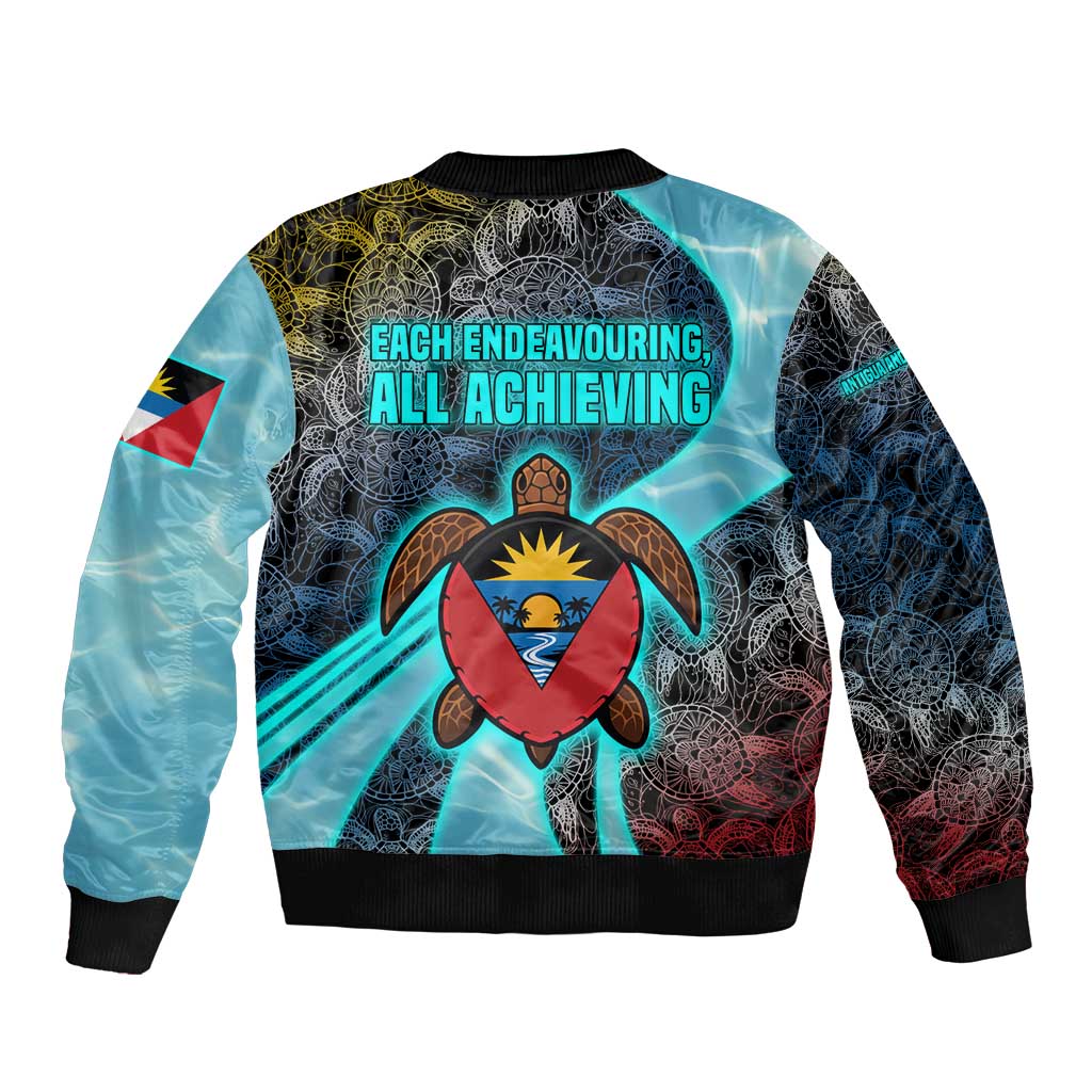 Antigua and Barbuda Sea Turtle Sleeve Zip Bomber Jacket with Tribal Mandala Design with Ocean Waves and National Flag - Wonder Print Shop