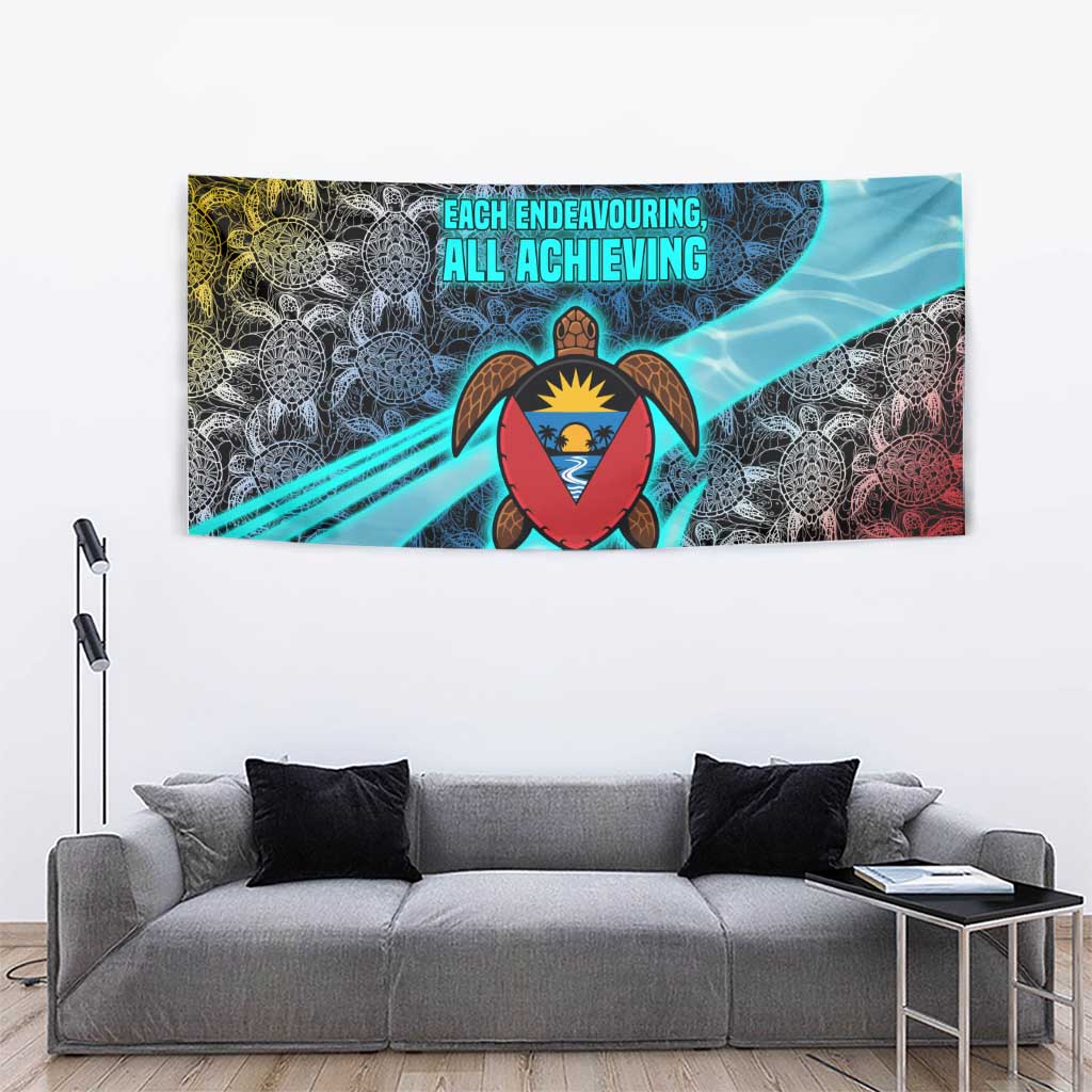 Antigua and Barbuda Sea Turtle Tapestry with Tribal Mandala Design with Ocean Waves and National Flag - Wonder Print Shop