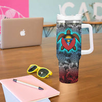 Antigua and Barbuda Sea Turtle Tumbler With Handle with Tribal Mandala Design with Ocean Waves and National Flag - Wonder Print Shop