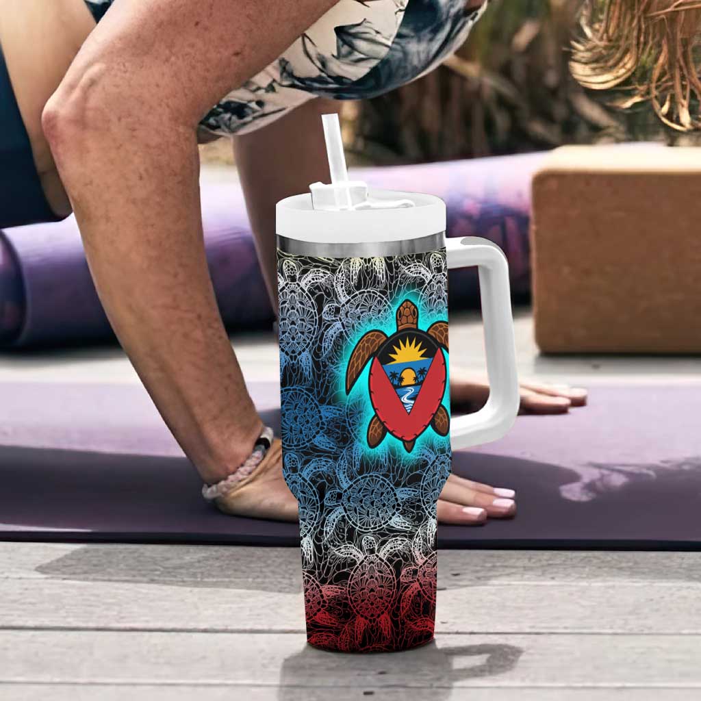 Antigua and Barbuda Sea Turtle Tumbler With Handle with Tribal Mandala Design with Ocean Waves and National Flag - Wonder Print Shop