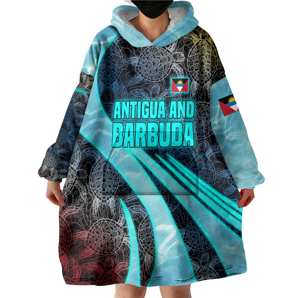 Antigua and Barbuda Sea Turtle Wearable Blanket Hoodie with Tribal Mandala Design with Ocean Waves and National Flag - Wonder Print Shop