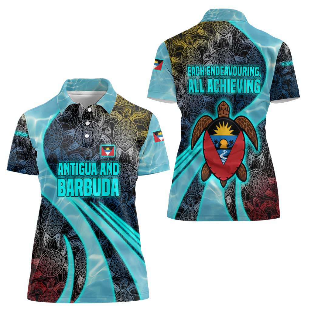 Antigua and Barbuda Sea Turtle Women Polo Shirt with Tribal Mandala Design with Ocean Waves and National Flag - Wonder Print Shop
