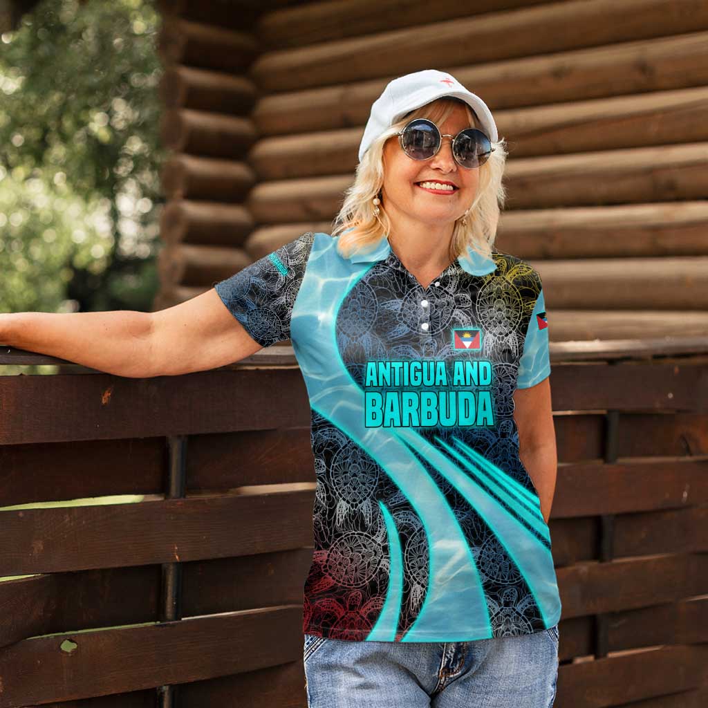 Antigua and Barbuda Sea Turtle Women Polo Shirt with Tribal Mandala Design with Ocean Waves and National Flag - Wonder Print Shop