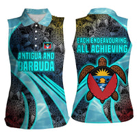 Antigua and Barbuda Sea Turtle Women Sleeveless Polo Shirt with Tribal Mandala Design with Ocean Waves and National Flag - Wonder Print Shop