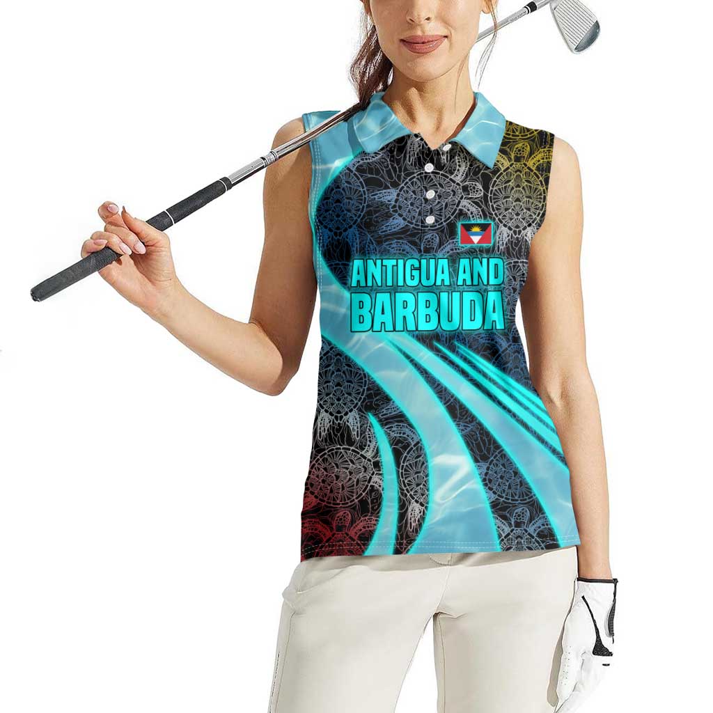 Antigua and Barbuda Sea Turtle Women Sleeveless Polo Shirt with Tribal Mandala Design with Ocean Waves and National Flag - Wonder Print Shop