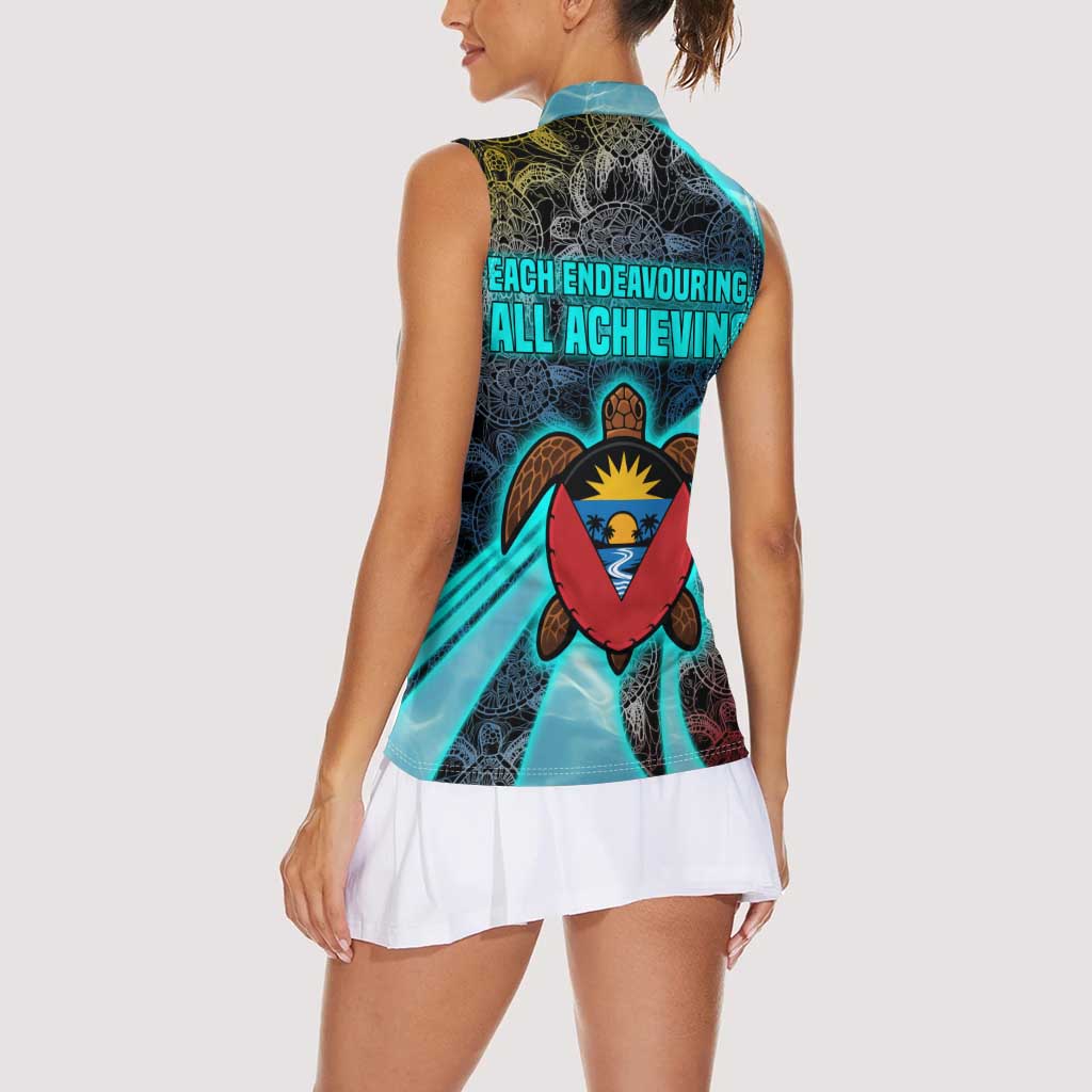 Antigua and Barbuda Sea Turtle Women Sleeveless Polo Shirt with Tribal Mandala Design with Ocean Waves and National Flag - Wonder Print Shop