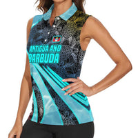 Antigua and Barbuda Sea Turtle Women Sleeveless Polo Shirt with Tribal Mandala Design with Ocean Waves and National Flag - Wonder Print Shop