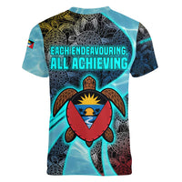 Antigua and Barbuda Sea Turtle Women V-Neck T-Shirt with Tribal Mandala Design with Ocean Waves and National Flag - Wonder Print Shop