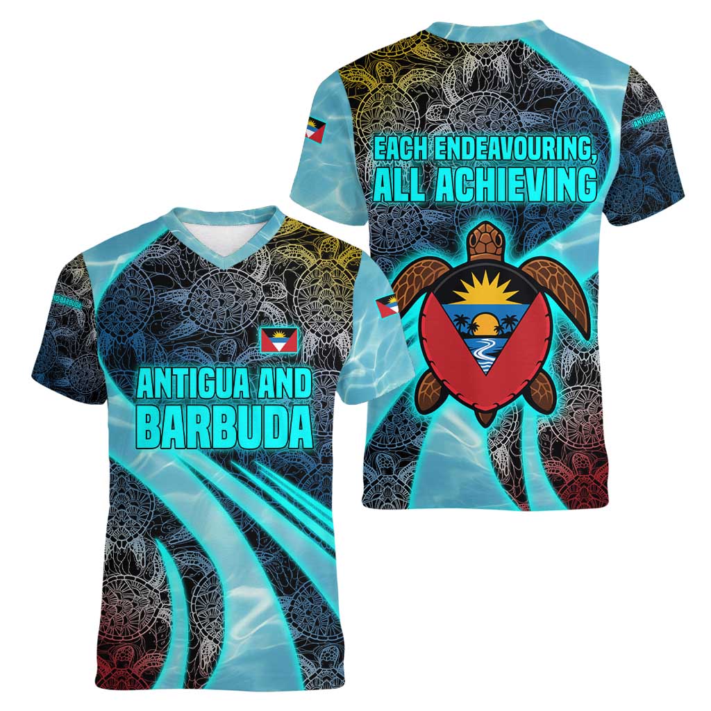 Antigua and Barbuda Sea Turtle Women V-Neck T-Shirt with Tribal Mandala Design with Ocean Waves and National Flag - Wonder Print Shop