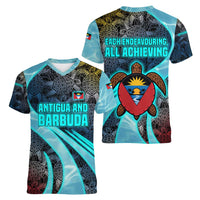 Antigua and Barbuda Sea Turtle Women V-Neck T-Shirt with Tribal Mandala Design with Ocean Waves and National Flag - Wonder Print Shop