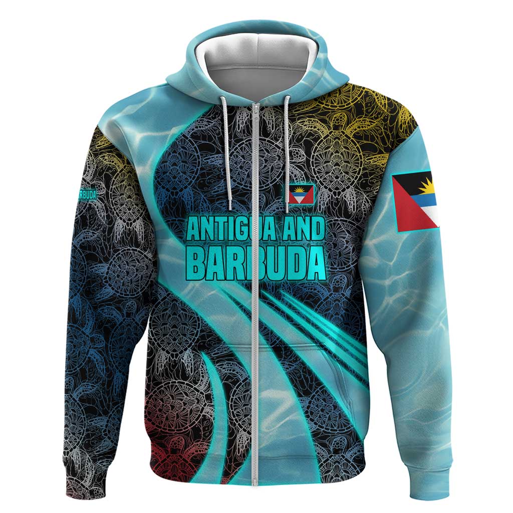 Antigua and Barbuda Sea Turtle Zip Hoodie with Tribal Mandala Design with Ocean Waves and National Flag - Wonder Print Shop