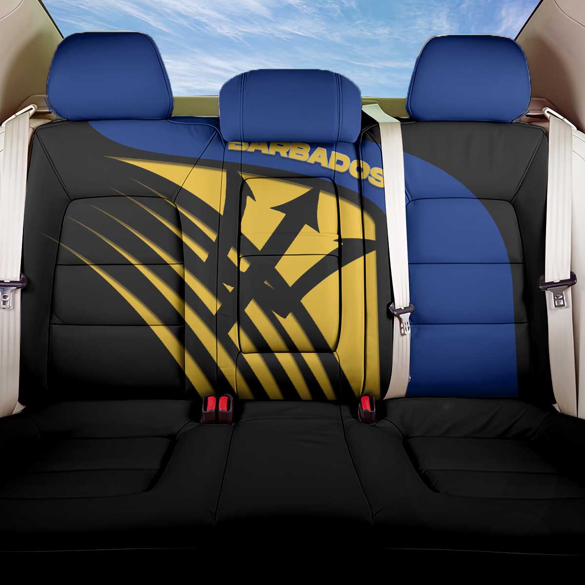 Barbados Flag and Coat of Arms Back Car Seat Cover Blue Yellow Black Design with National Symbols - Wonder Print Shop