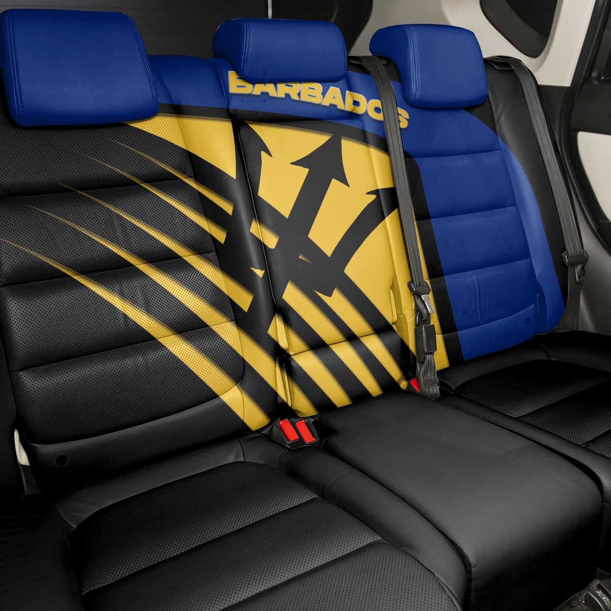 Barbados Flag and Coat of Arms Back Car Seat Cover Blue Yellow Black Design with National Symbols - Wonder Print Shop