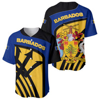 Barbados Flag and Coat of Arms Baseball Jersey Blue Yellow Black Design with National Symbols - Wonder Print Shop