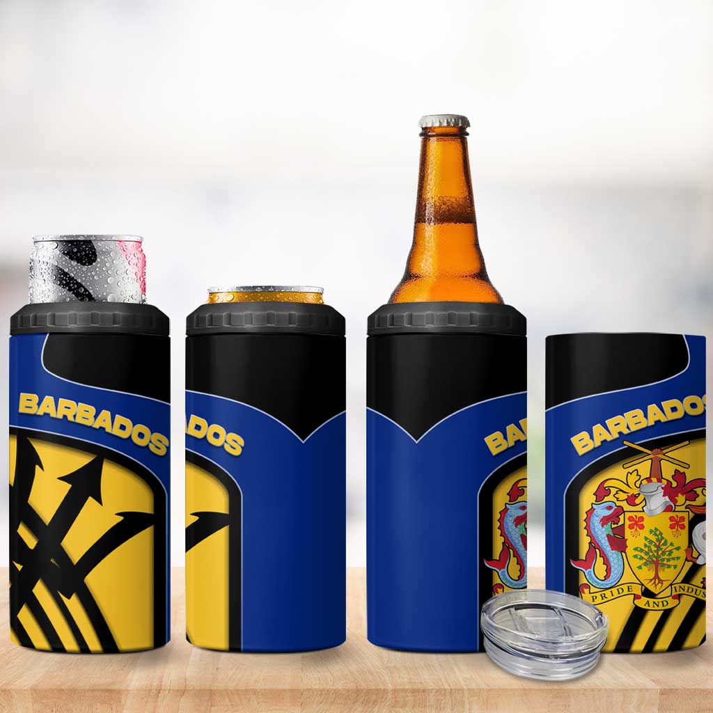 Barbados Flag and Coat of Arms 4 in 1 Can Cooler Tumbler Blue Yellow Black Design with National Symbols - Wonder Print Shop