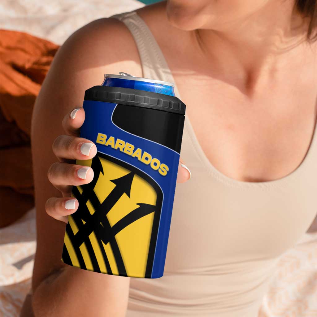 Barbados Flag and Coat of Arms 4 in 1 Can Cooler Tumbler Blue Yellow Black Design with National Symbols - Wonder Print Shop