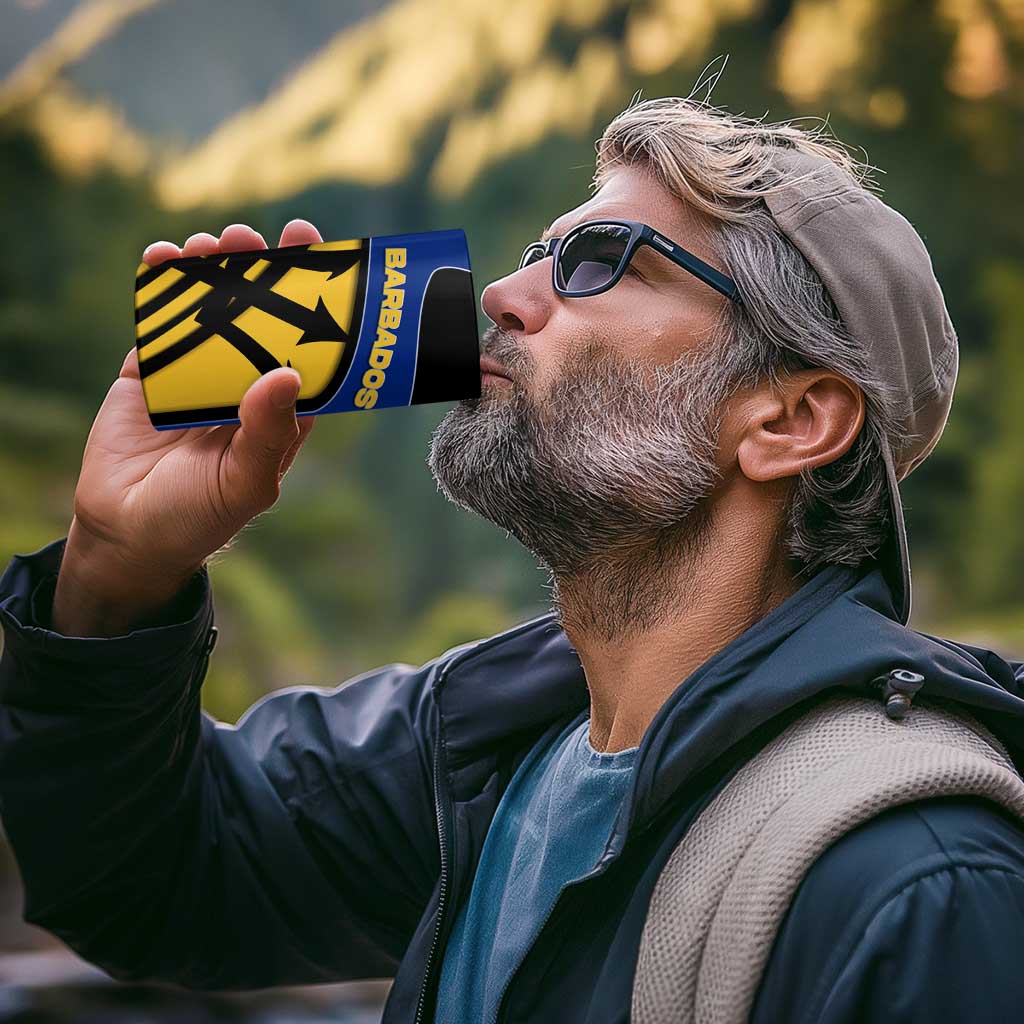Barbados Flag and Coat of Arms 4 in 1 Can Cooler Tumbler Blue Yellow Black Design with National Symbols - Wonder Print Shop