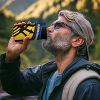 Barbados Flag and Coat of Arms 4 in 1 Can Cooler Tumbler Blue Yellow Black Design with National Symbols - Wonder Print Shop