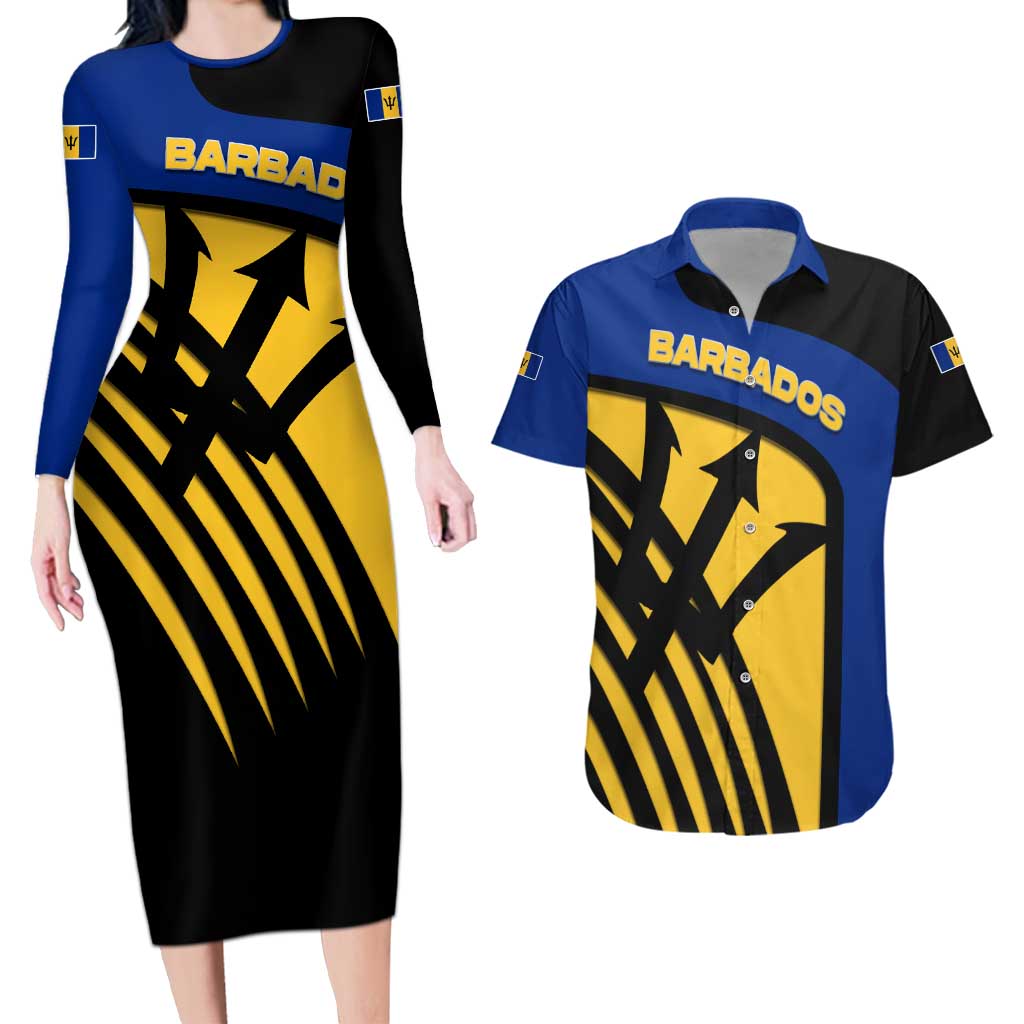 Barbados Flag and Coat of Arms Couples Matching Long Sleeve Bodycon Dress and Hawaiian Shirt Blue Yellow Black Design with National Symbols - Wonder Print Shop