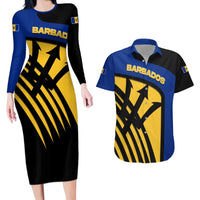 Barbados Flag and Coat of Arms Couples Matching Long Sleeve Bodycon Dress and Hawaiian Shirt Blue Yellow Black Design with National Symbols - Wonder Print Shop