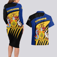 Barbados Flag and Coat of Arms Couples Matching Long Sleeve Bodycon Dress and Hawaiian Shirt Blue Yellow Black Design with National Symbols - Wonder Print Shop
