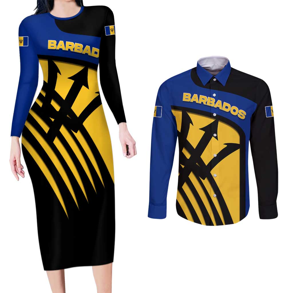 Barbados Flag and Coat of Arms Couples Matching Long Sleeve Bodycon Dress and Long Sleeve Button Shirt Blue Yellow Black Design with National Symbols - Wonder Print Shop